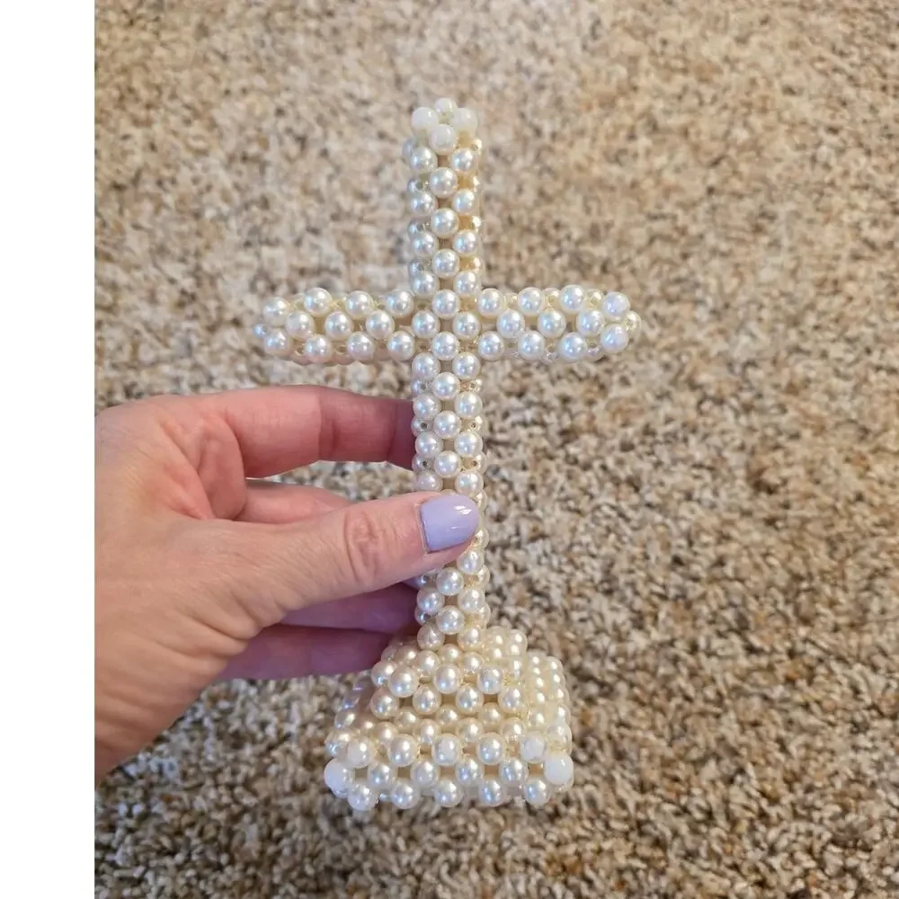 VTG Handmade Pearlized Beaded 3D Standing Cross Crisman Ornament Woven Craft